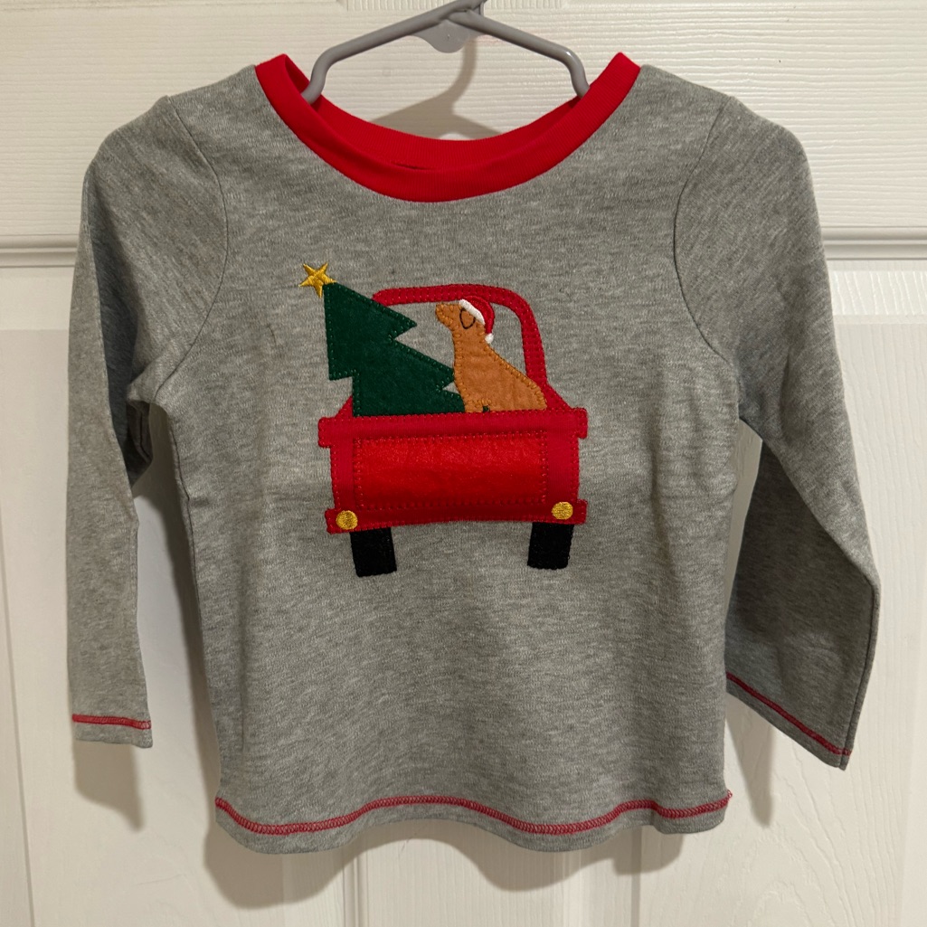 Mud Pie Long Sleeve Christmas Shirt With A Red Truck Brown Dog & Christmas Tree